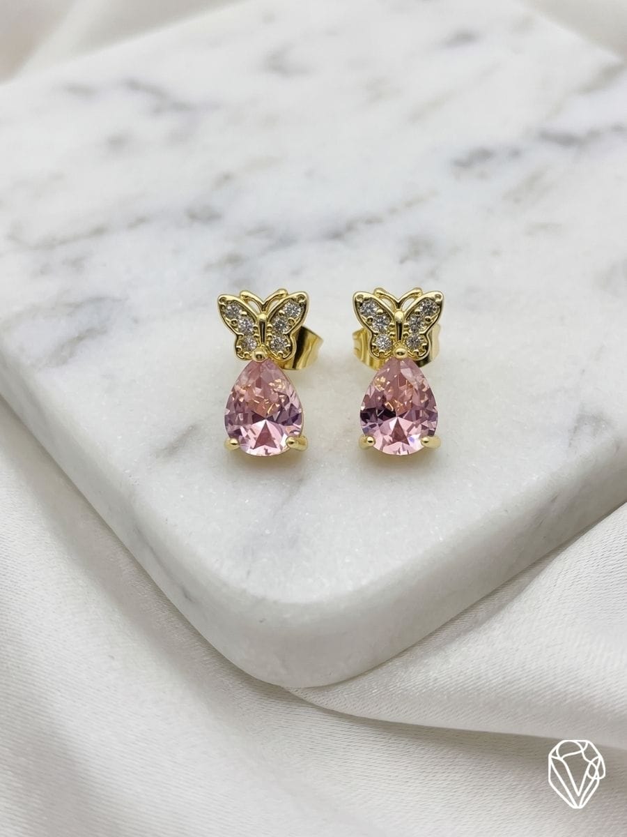 Aretes Mariposa con Gota Rosa