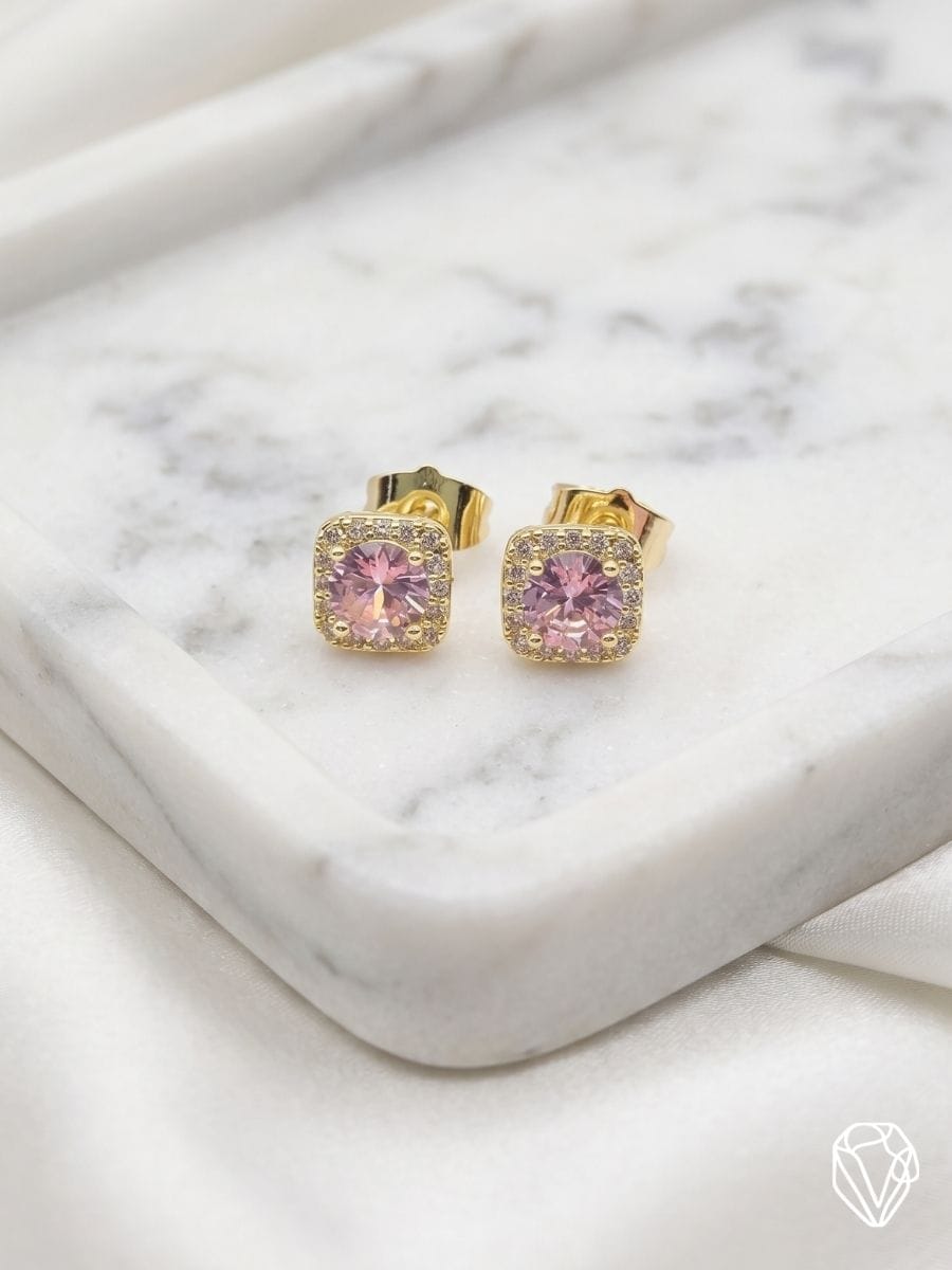 Aretes Cuadrados con Circonia Rosa